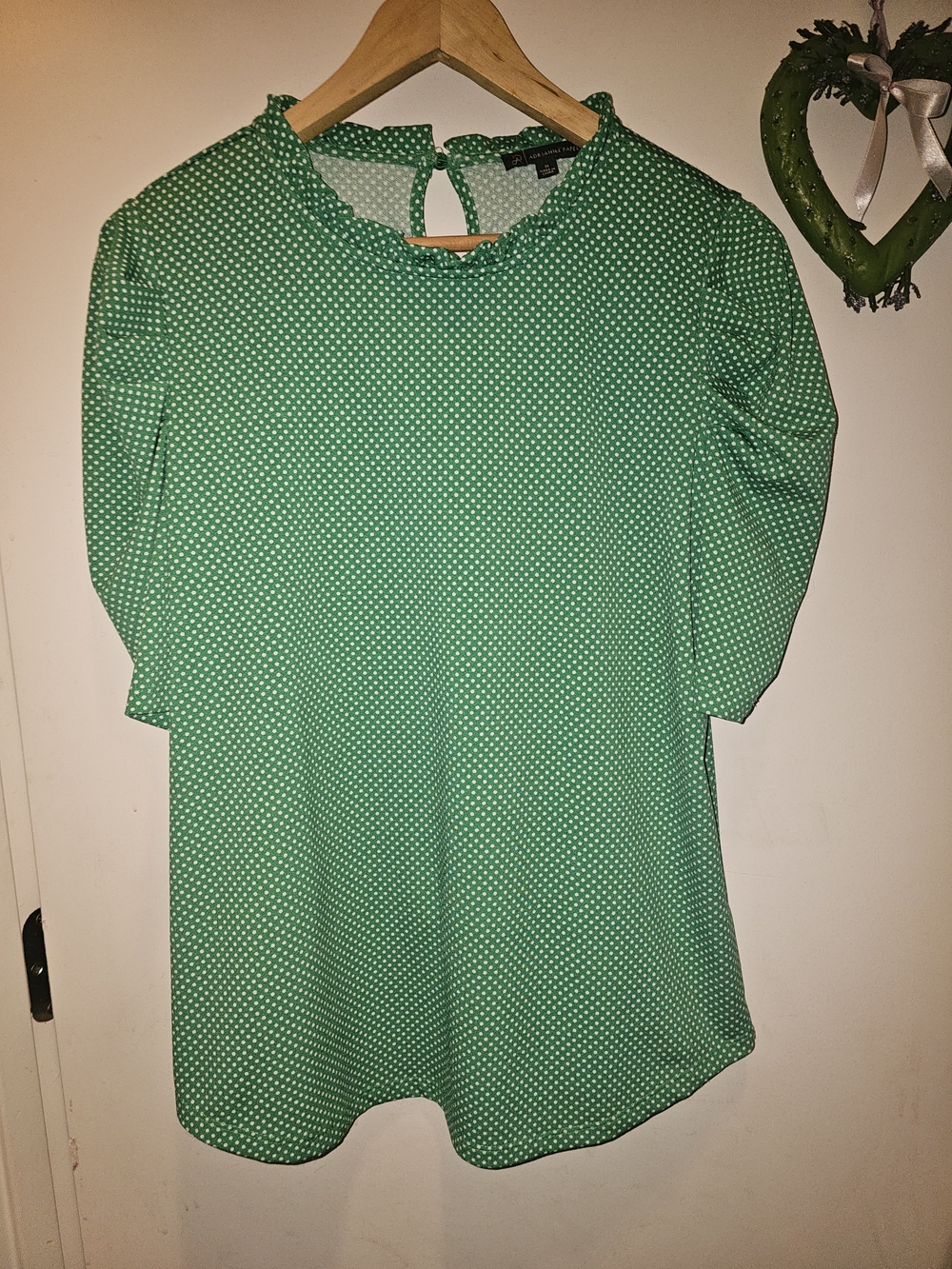 Adriana Papell Green Polka Dot Mock Neck Puff Sleeve Blouse S Z Med